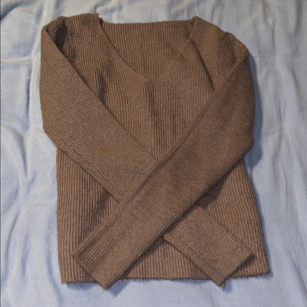Brown Ribbed V-Neck Sweater